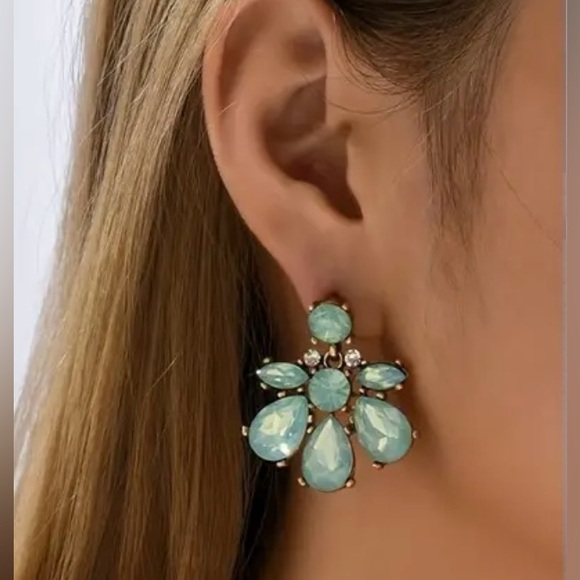 Milky Green, Blue Opalite,  Rhinestone Geometric, Iridescent Luxury Earrings - Picture 2 of 7